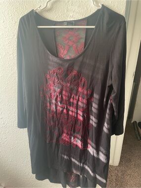 Black Scoop Neck Tunic with Red Embroidered Front